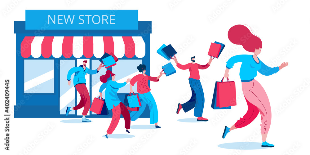 Happy people come out with purchases from an online store. Concept of a vector illustration in a flat style on the theme of opening a store. Happy people come out with purchases from an online store. Concept of a vector illustration in a flat style on the theme of opening a store.