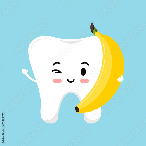 Cute tooth with banana food for dental health. Strong white tooth with fresh fruit. Children teeth hygiene and eating clipart. Flat design cartoon dentistry character vector illustration.