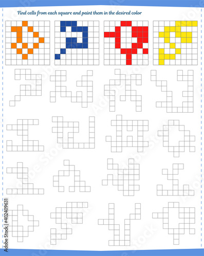  Logic game for children. Find the cells from each square and paint them in the same color