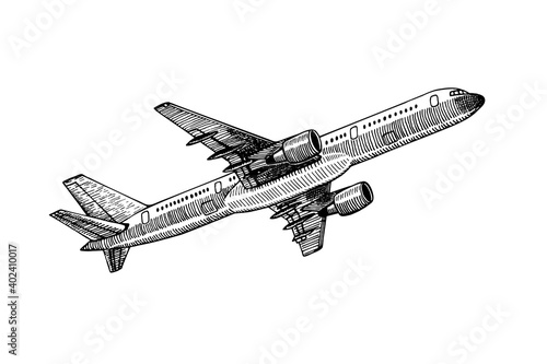 Jetliner hand drawn realistic doodle sketch tracing vector llustration. Airline Concept Travel Passenger plane. Jet commercial airplane.