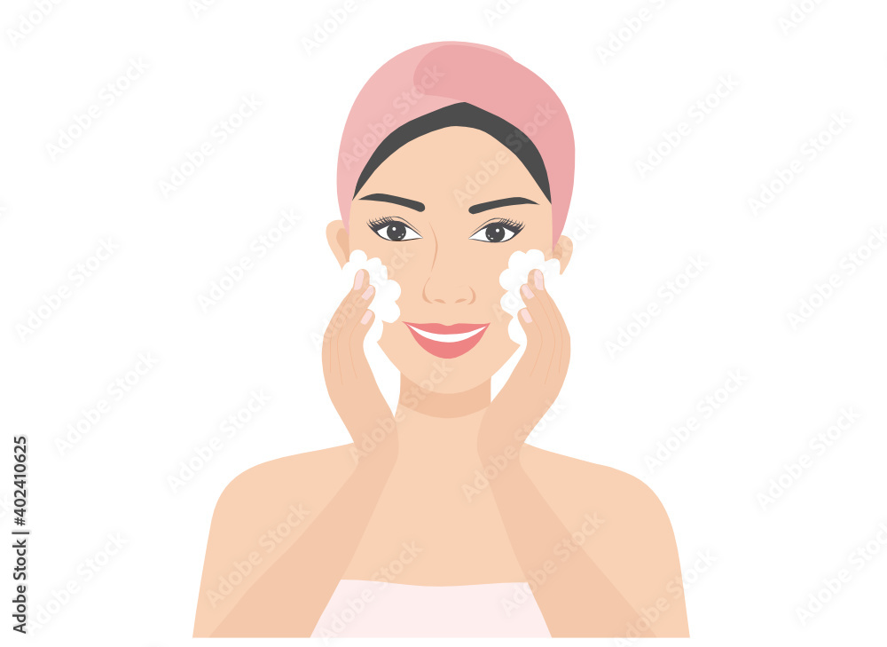 Young woman cleaning face with a foam treatment Skin care, facial treatment, beauty spa concept vector illustration. Young woman cleaning face with a foam treatment Skin care, facial treatment, beauty spa concept vector illustration.