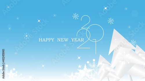Happy new year 2021 realistic white text snow background Horizontal template for products, advertising, banners, web and postcards. Vector illustration.