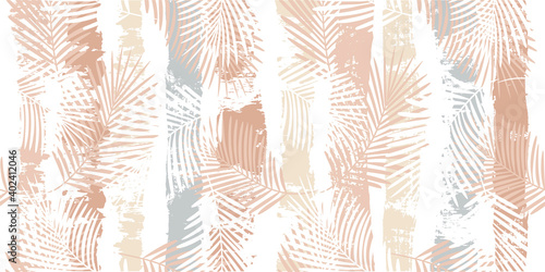 Tropical pattern, palm leaves seamless vector floral background. Exotic plant on beige stripes print illustration. Summer nature jungle print. Leaves of palm tree on paint lines. ink brush strokes