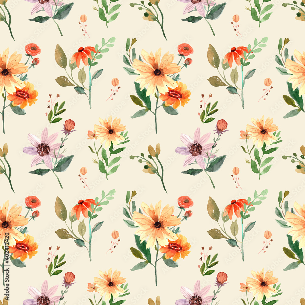 Seamless Watercolor Pattern with Orange Wildflowers and Leaves