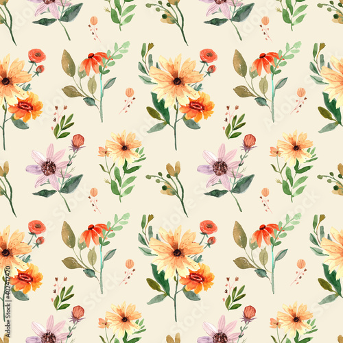 Seamless Watercolor Pattern with Orange Wildflowers and Leaves