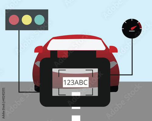 Optical Character Recognition (OCR) technology to check the car speed and recognize plate number with speed camera vector photo