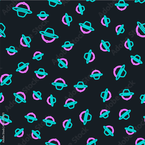 Line Camping hat icon isolated seamless pattern on black background. Beach hat panama. Explorer travelers hat for hunting, hiking, tourism. Vector.