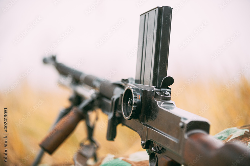 German Wehrmacht Infantry Soldier's Military Weapon Of World War II. The Zb-30 Czechoslovakian Light Machine Gun On Ground German Wehrmacht Infantry Soldier's Military Weapon Of World War II. The Zb-30 Czechoslovakian Light Machine Gun On Ground