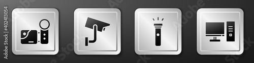 Set Cinema camera, Security camera, Flashlight and Computer monitor icon. Silver square button. Vector.