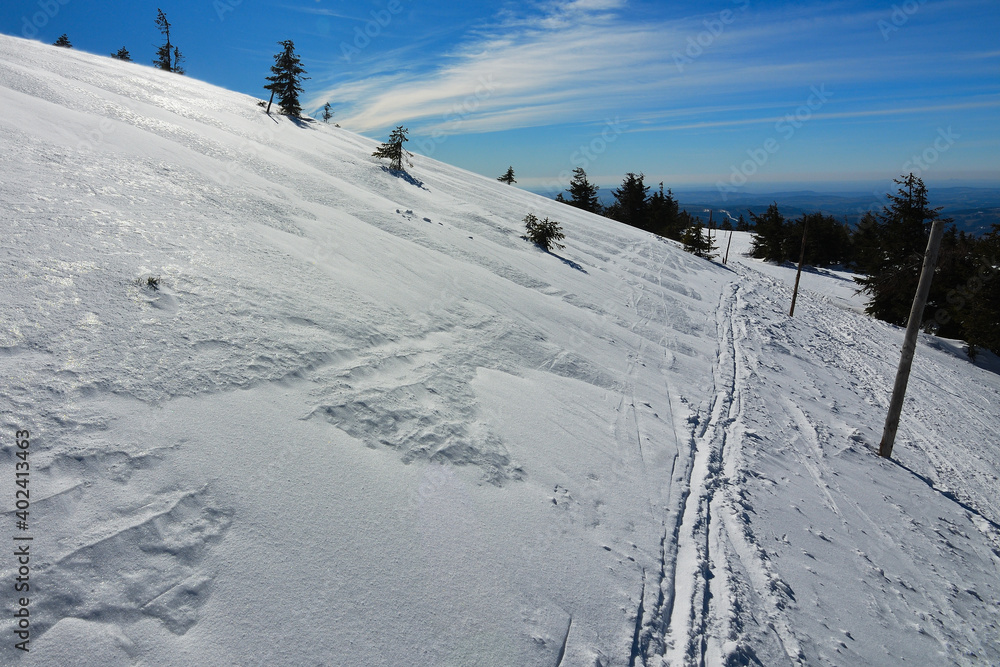Cross country skiing trail. Panoramic view of beautiful winter landscape in the North of Bohemia Cross country skiing trail. Panoramic view of beautiful winter landscape in the North of Bohemia