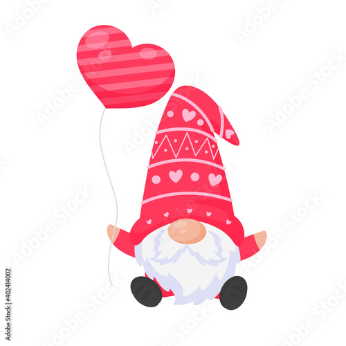 Dwarfs or gnomes hold pink heart balloons. For valentine's day greeting card