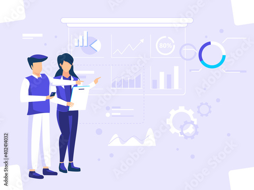 Digital graphic concept. Office workers summarize the company's annual data chart. used for web, posters, flyers. modern flat vector illustration.