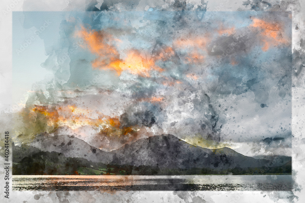 Digital watercolor painting of Beautiful sunrise landscape image looking across Loweswater in the Lake District towards Low Fell and Grasmere with vibrant sunrise sky breaking on the mountain peaks