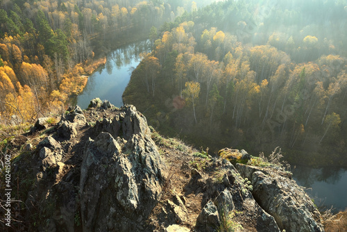 Vászonkép Rock St. John's Wort over the river Berd near Novosibirsk
