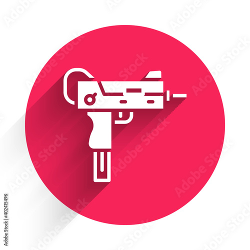 White UZI submachine gun icon isolated with long shadow. Automatic weapon. Red circle button. Vector.