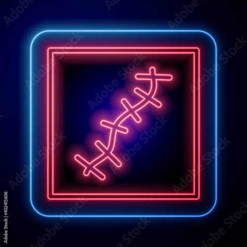 Glowing neon Scar with suture icon isolated on blue background. Vector.