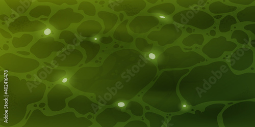 Green water surface with sunlight reflection and ripples on the background surface. Sparkling sunlight shines underwater in a clear river, sea