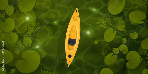 A yellow kayak floats through a swamp with water lily leaves, top view. Landscape of green river or ocher surface with aquatic plants. Vector cartoon style
