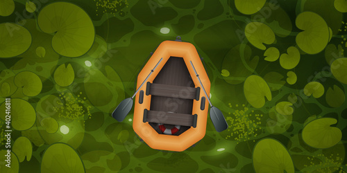 Vector cartoon style landscape of green river or ocher surface with aquatic plants and empty rowing boat with two oars. A rubber orange boat floats through a swamp with water lily leaves, top view.