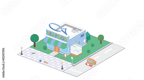 Vector isometric fish and seafood shop or fish market building neon signs and awnings