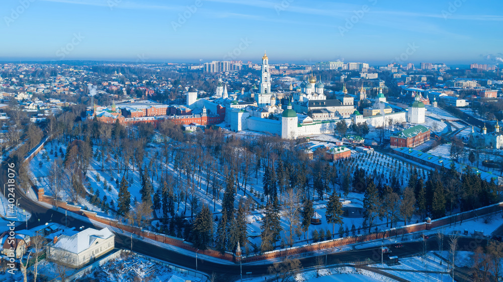 Aerial view of Trinity Lavra of St. Sergius at sunny winter day. Sergiyev Posad, Moscow Oblast, Russia.