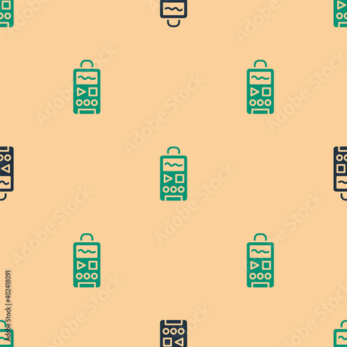 Green and black Dictaphone icon isolated seamless pattern on beige background. Voice recorder. Vector.