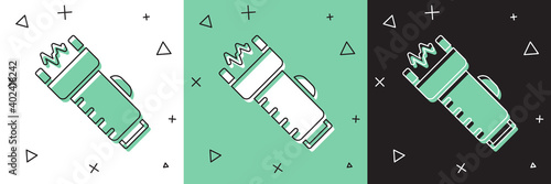 Set Police electric shocker icon isolated on white and green, black background. Shocker for protection. Taser is an electric weapon. Vector.