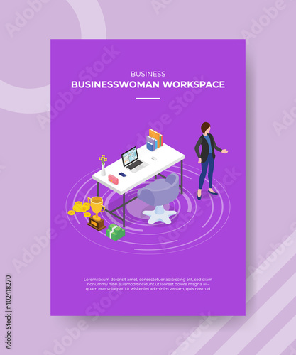 businesswomen workspace concept women stading around desk laptop book trophy money for template of banner and flyer for printing magazine cover and poster with isometric style