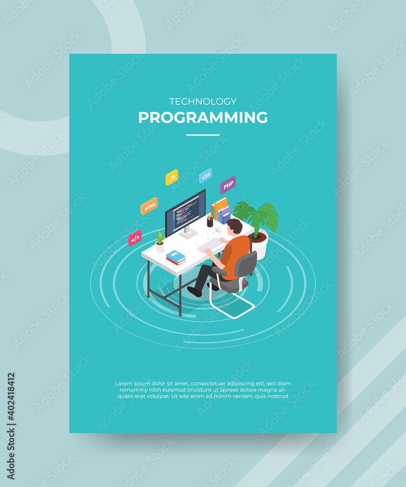 programming concept men sitting use computer desktop for template of ...