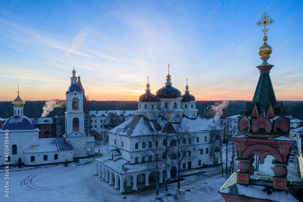 Obraz premium Aerial view of Nikolo-Solbinsky convent (monastery) at sunset. Solba, Yaroslavl Oblast, Russia.