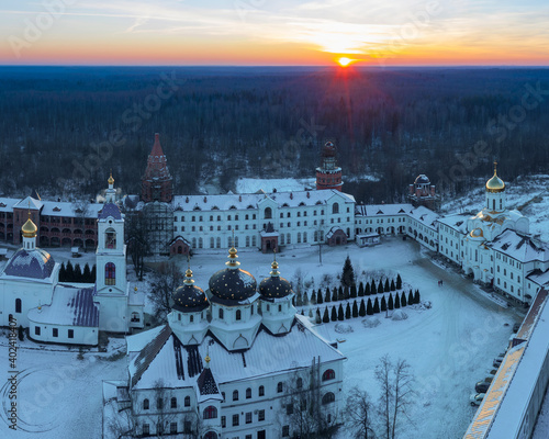 Aerial view of Nikolo-Solbinsky convent (monastery) at sunset. Solba, Yaroslavl Oblast, Russia.