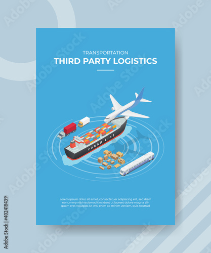 third party logistics concept plane ship truck train cargo for template of banner and flyer for printing magazine cover and poster with isometric style