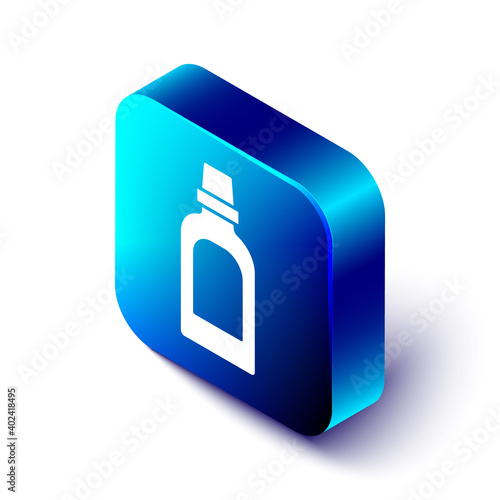 Isometric Plastic bottle for laundry detergent, bleach, dishwashing liquid or another cleaning agent icon isolated on white background. Blue square button. Vector.