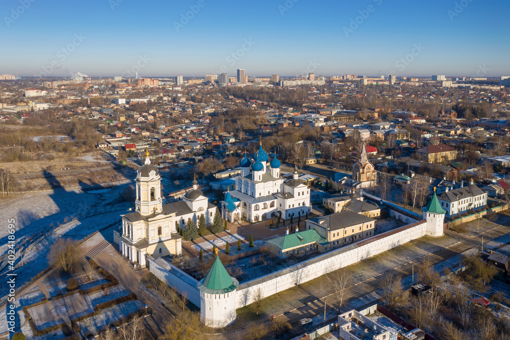 Aerial view of Vysotsky Zachatievsky (Immaculate Conception) monastery at sunny winter day. Serpukhov, Moscow Oblast, Russia.