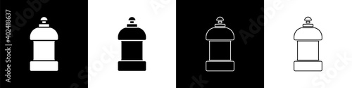 Set Plastic bottle for laundry detergent, bleach, dishwashing liquid or another cleaning agent icon isolated on black and white background. Vector.