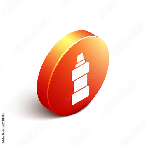 Isometric Plastic bottle for laundry detergent, bleach, dishwashing liquid or another cleaning agent icon isolated on white background. Orange circle button. Vector.