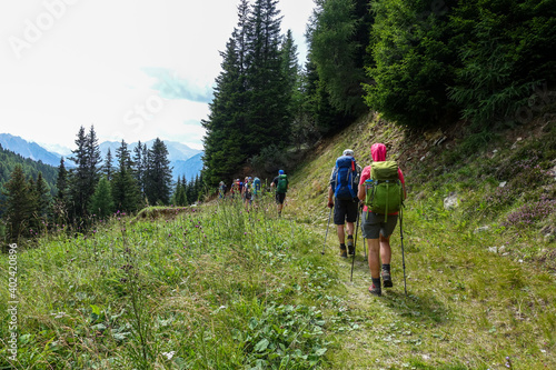 Group of hikers walk through the alps. Backpackers in green landscape.