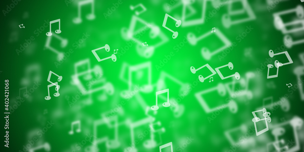 Abstract flashy green background with flying music notes Abstract flashy green background with flying music notes