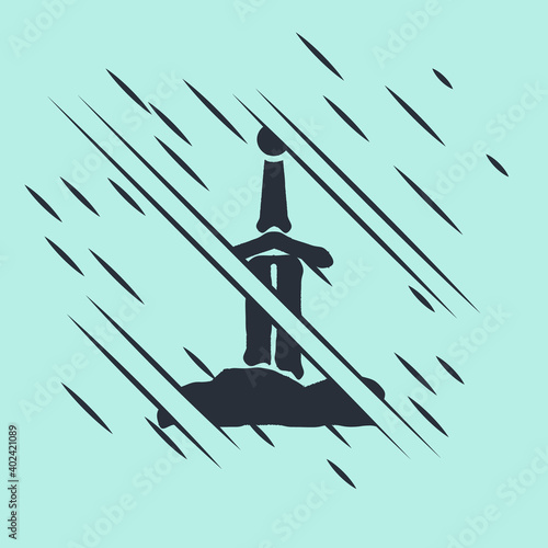 Black Sword in the stone icon isolated on green background. Excalibur the sword in the stone from the Arthurian legends. Glitch style. Vector.