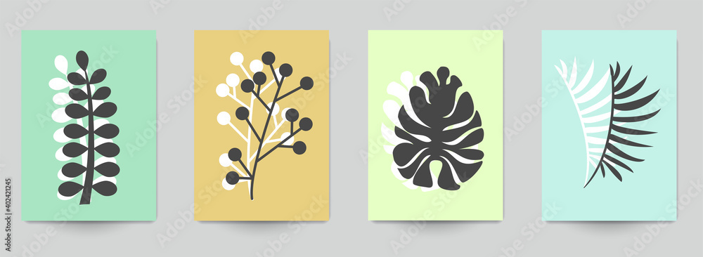 Set of abstract art concept composition with silhouettes leafs and geometric shapes in minimal style. Design modern trendy background for print, poster, card, wallpaper. Botanical vector illustration. Set of abstract art concept composition with silhouettes leafs and geometric shapes in minimal style. Design modern trendy background for print, poster, card, wallpaper. Botanical vector illustration.