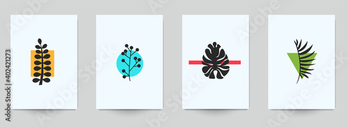 Set of abstract art concept composition with silhouettes leafs and geometric shapes in minimal style. Design modern trendy background for print, poster, card, wallpaper. Botanical vector illustration.