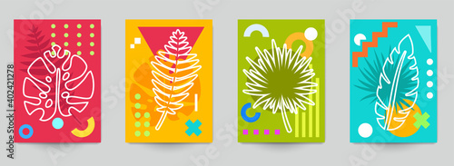 Set of abstract art concept composition with silhouettes leafs and geometric shapes in minimal style. Design modern trendy background for print, poster, card, wallpaper. Botanical vector illustration.