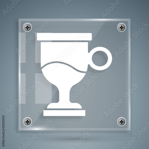 White Mulled wine with glass of drink and ingredients icon isolated on grey background. Cinnamon stick, clove, lemon slice. Square glass panels. Vector.