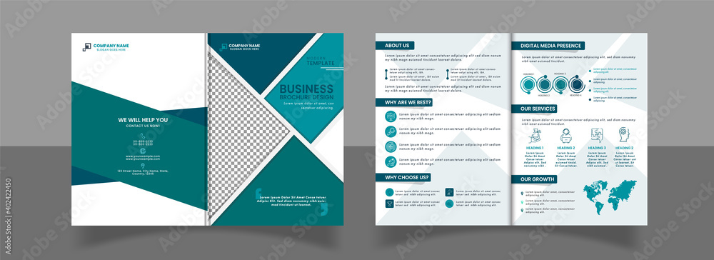 Business Bi-Fold Brochure Or Cover Design With Double-Sides Presentation.