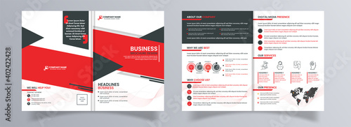 Business Bi-Fold Brochure Template Layout In Front And Back View.
