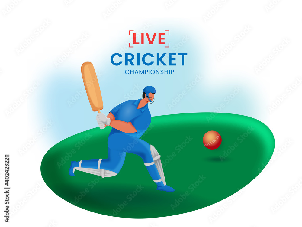 Line Cricket Championship Concept With Cartoon Batsman In Playing Pose.
