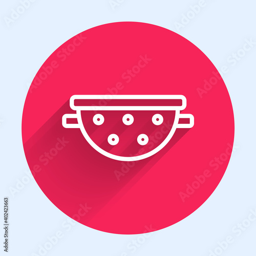 White line Kitchen colander icon isolated with long shadow. Cooking utensil. Cutlery sign. Red circle button. Vector.