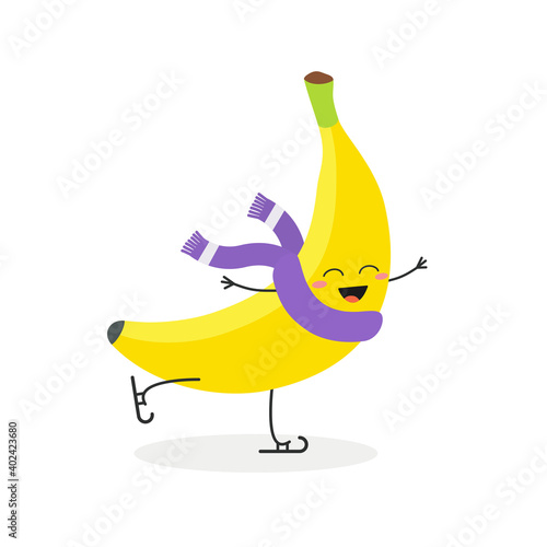Funny cartoon banana skating on ice rink