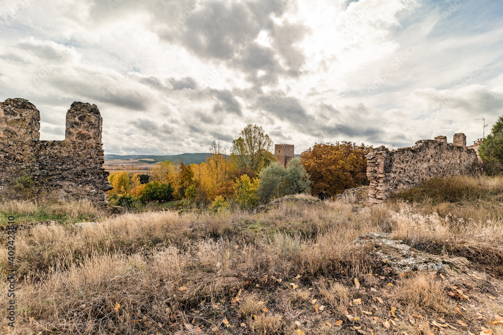 old wall with castle tower in the background and trees with yellow tones and sky with clouds