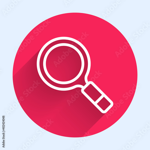 White line Magnifying glass with search icon isolated with long shadow. Detective is investigating. Red circle button. Vector.